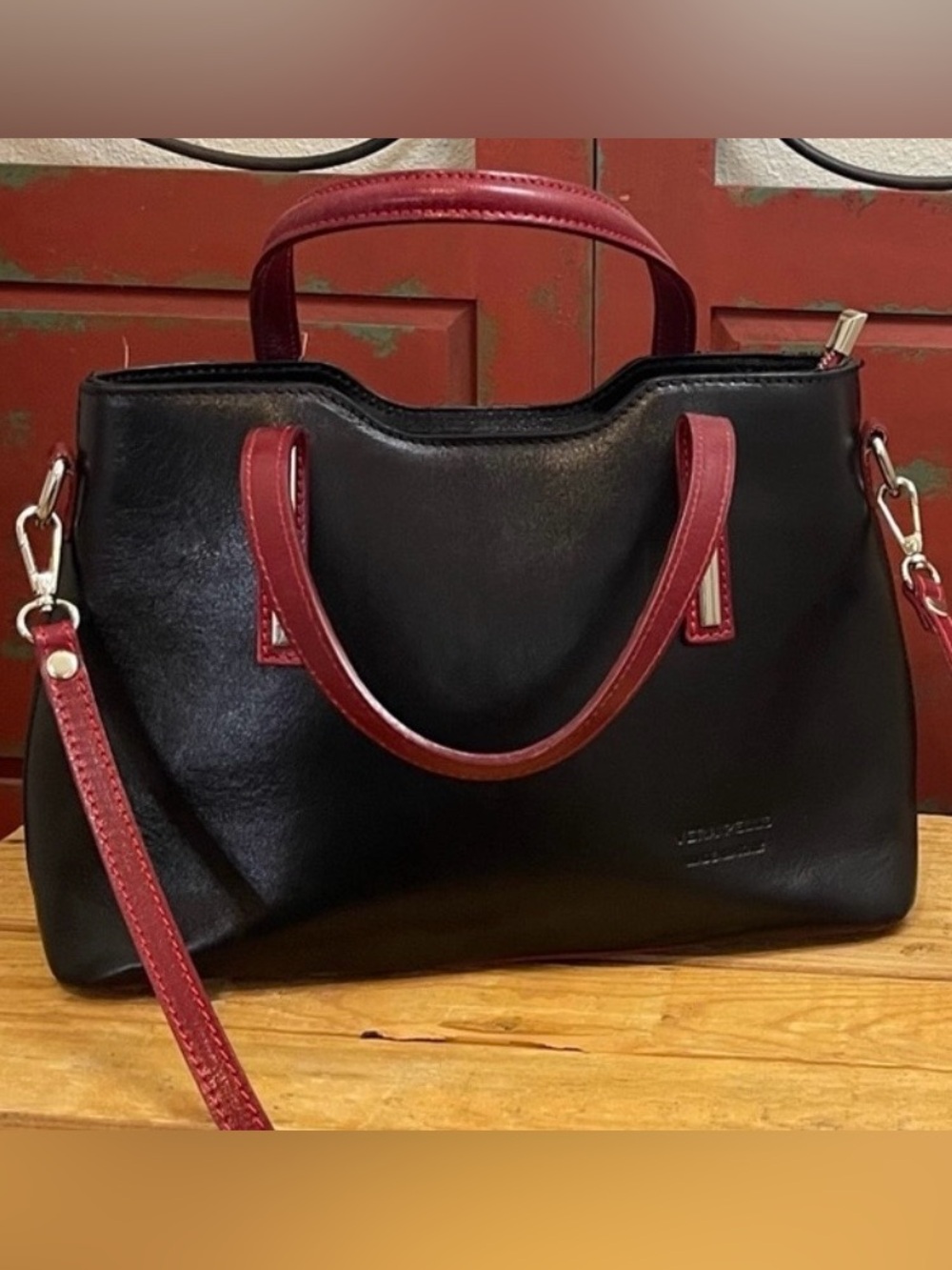 Vera Pelle Italian Leather Satchel Crossbody | Black & Red Two-Tone